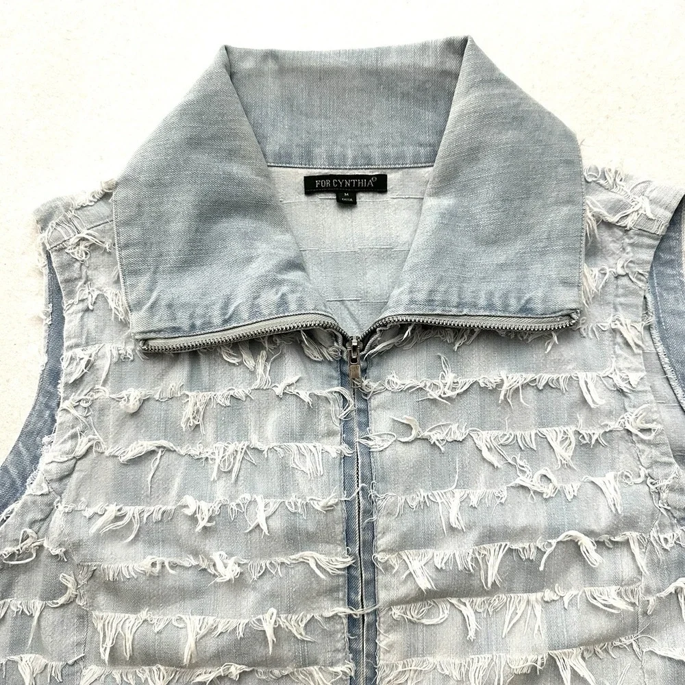For Cynthia Medium M Denim Fringe Zip Front Vest Eyelash Shag Boho Western Funky